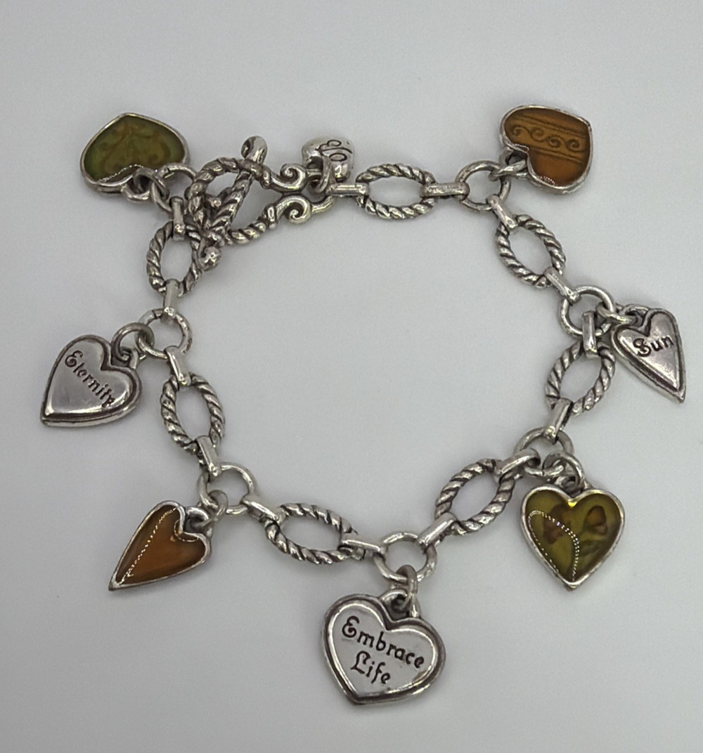 Brighton Heart Charm Bracelet Piccadilly Floral Reversible Silver Tone Toggle 7"
